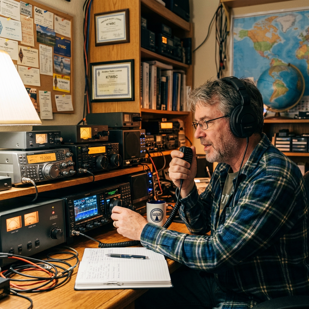 Man with headphones speaking into microphone using amateur radio equipment at a desk
